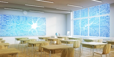 Image of a school classroom; the windows and blackboard are formed out of computer code and they have cracks in them