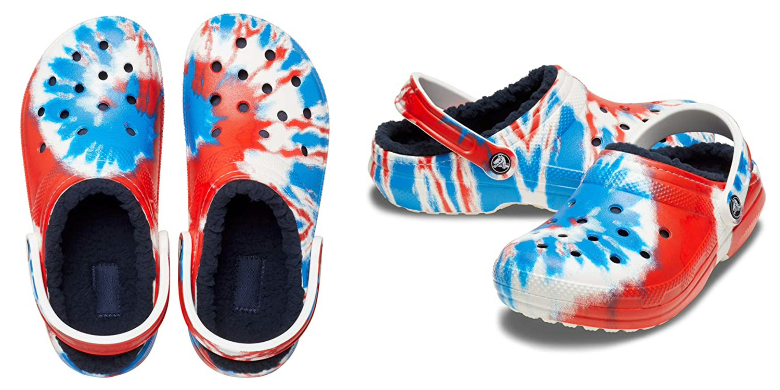 Warm and Fuzzy lined Croc shows in red, white, and blue tye die colors.