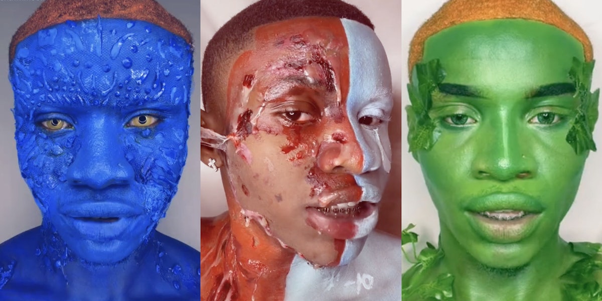 young man in Mystique-themed makeup (l) young man in red and blue makeup (m) young man in Poison Ivy-themed makeup (r)