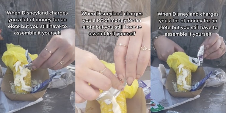 three photos of a woman putting mayo on corn
