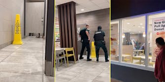 A man in a bathroom stall (L), cops outside a bathroom (C), and people looking into a McDonald's restaurant (R).