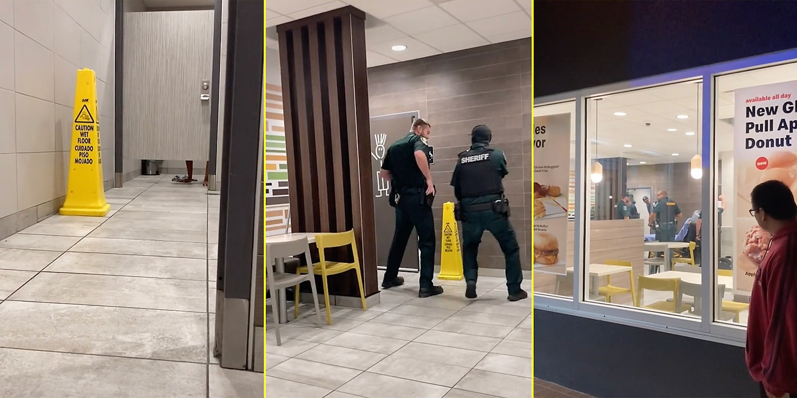 A man in a bathroom stall (L), cops outside a bathroom (C), and people looking into a McDonald's restaurant (R).