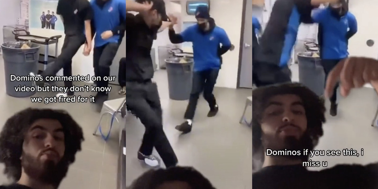 three photos of two dominos employees dancing