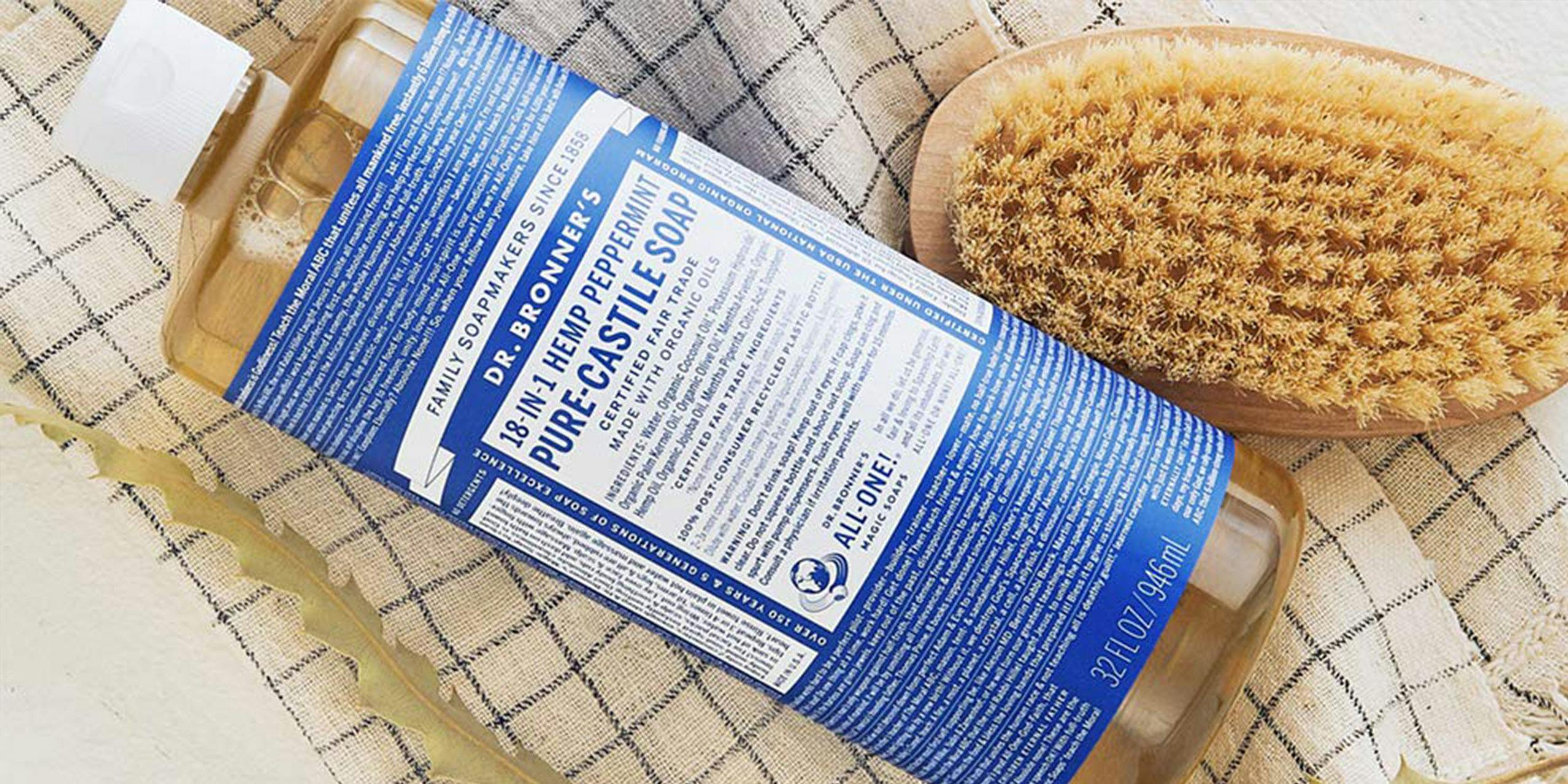 Dr. Bronners Pure Castile Soap with a brush.