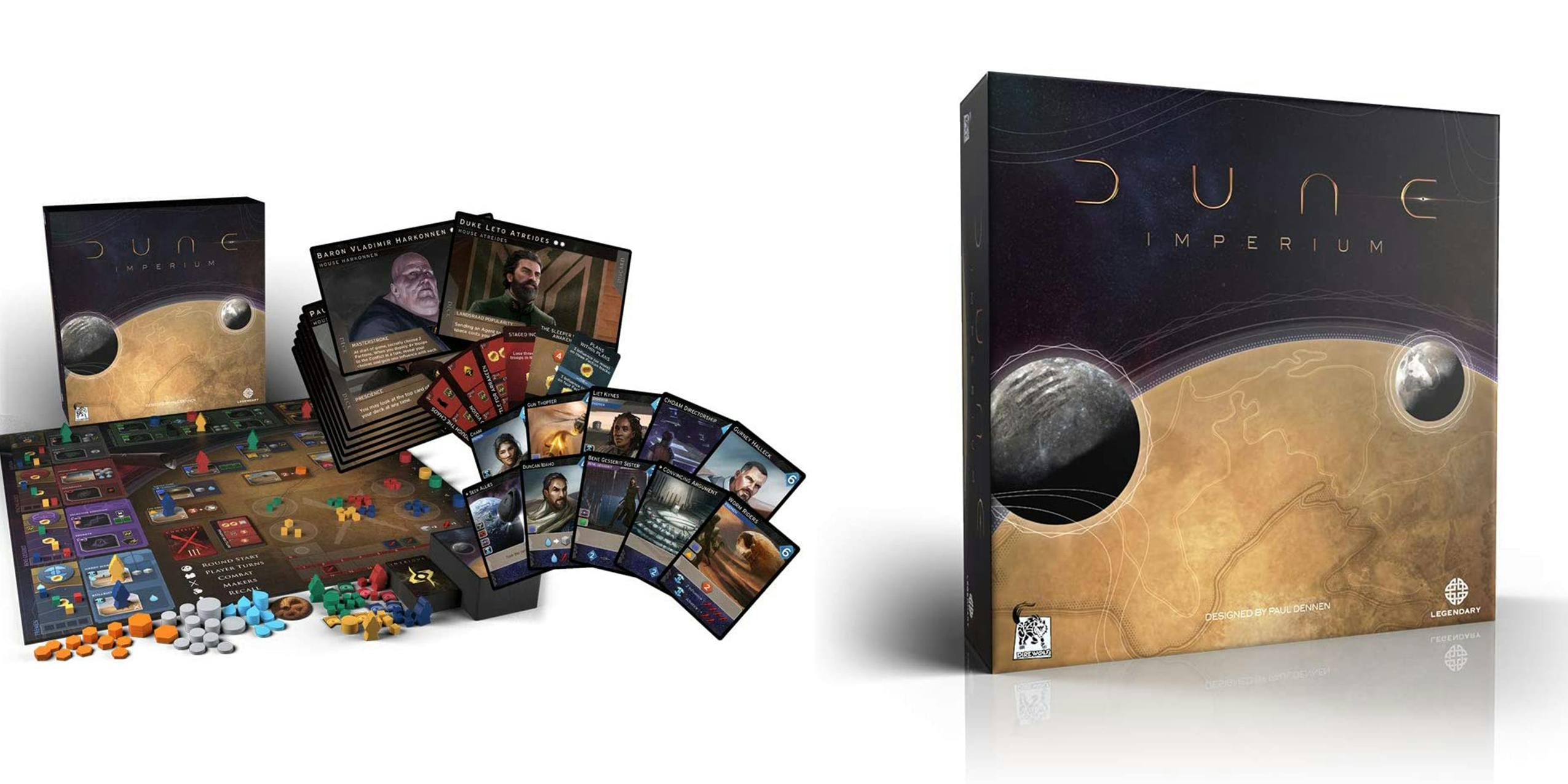 The complete contents of the Dune: Imperium board game and its box.