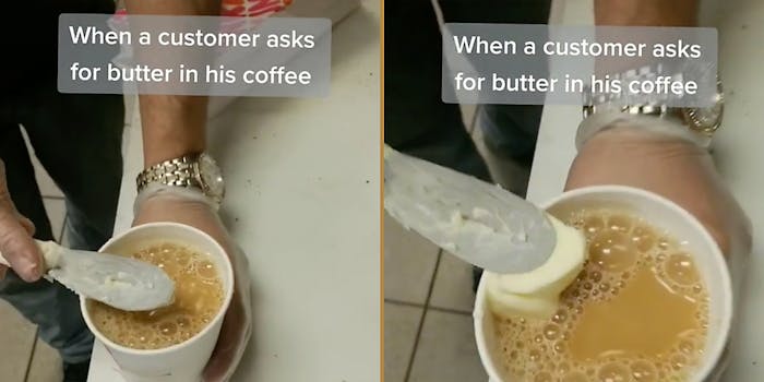 A barista putting butter in coffee.