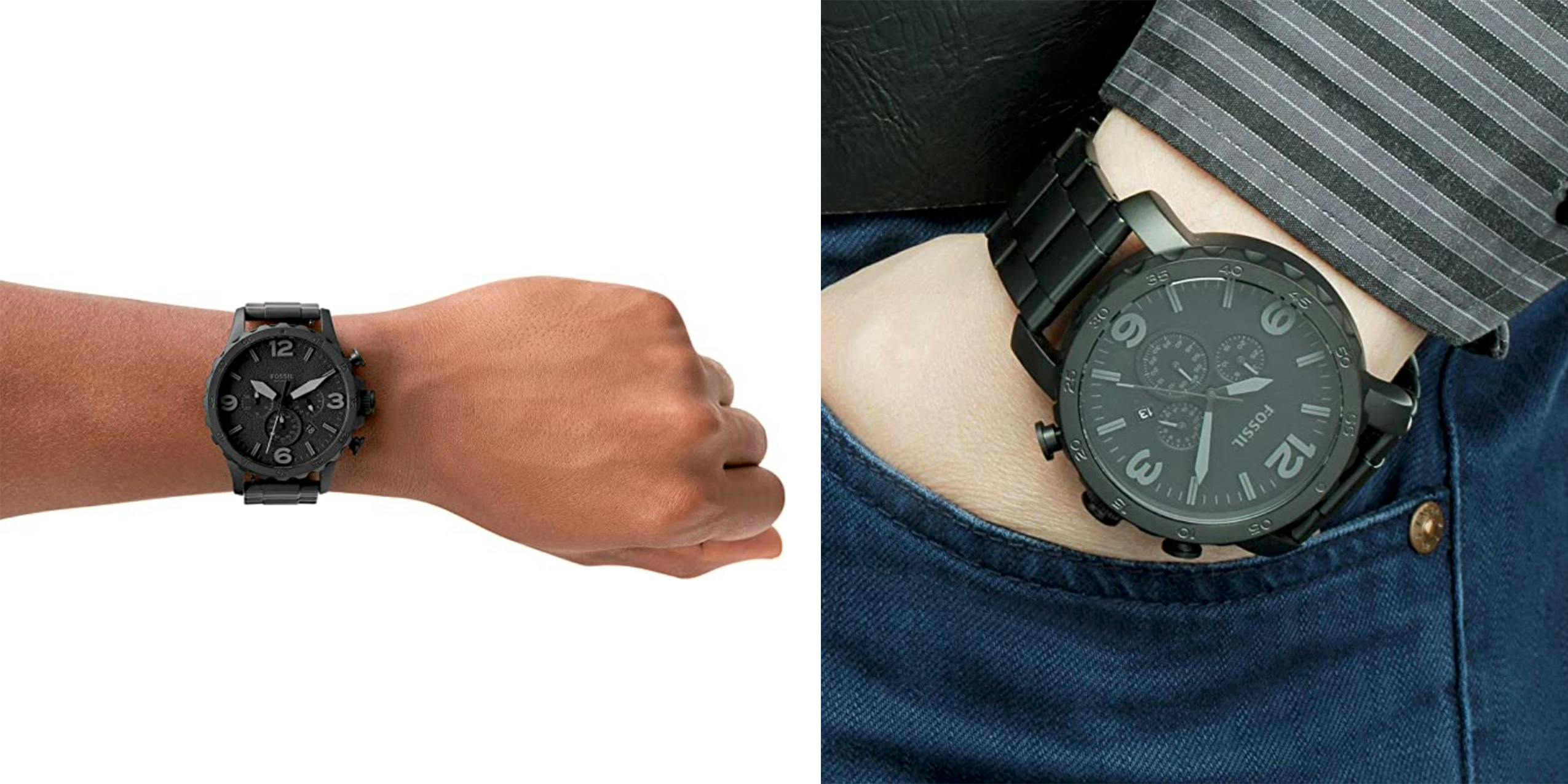A black stainless steel Fossil Chronograph on someones wrist.