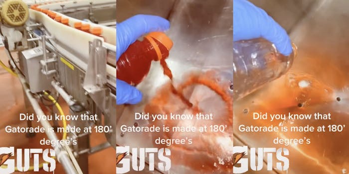 three photos of a bottle of gatorade being grabbed and flushed down a sink