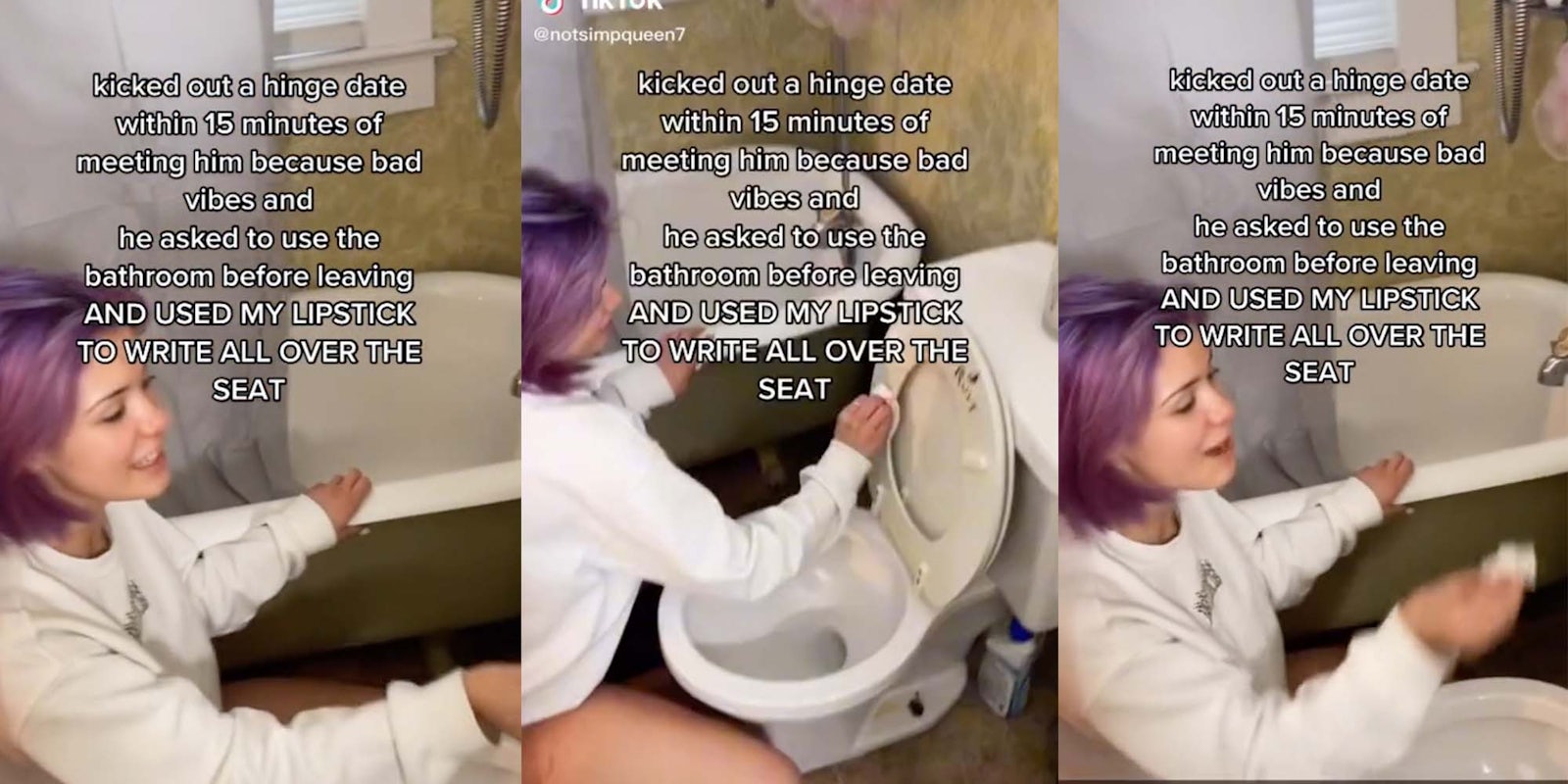 A TikToker's date wrote a message to other men she might date on her toilet using her lipstick.