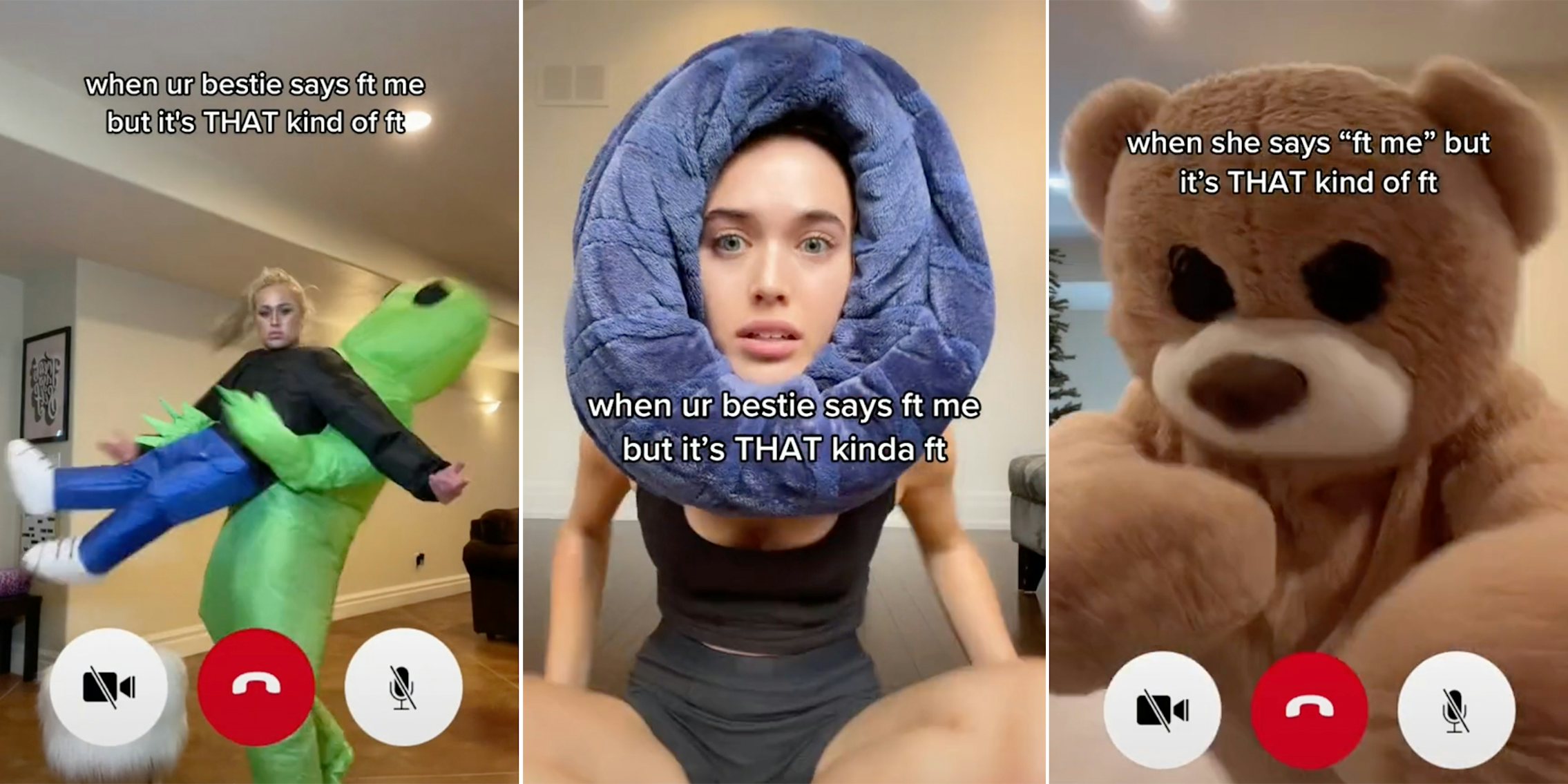A woman and alien (L), a woman looking into camera (C), and a person in a bear suit (R).