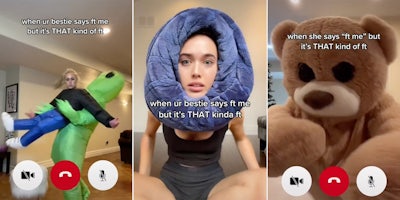 A woman and alien (L), a woman looking into camera (C), and a person in a bear suit (R).
