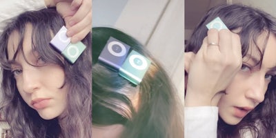 three photos of a woman attaching an ipod nano to her hair