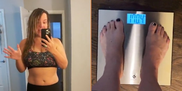A woman talking into camera and weighing herself.