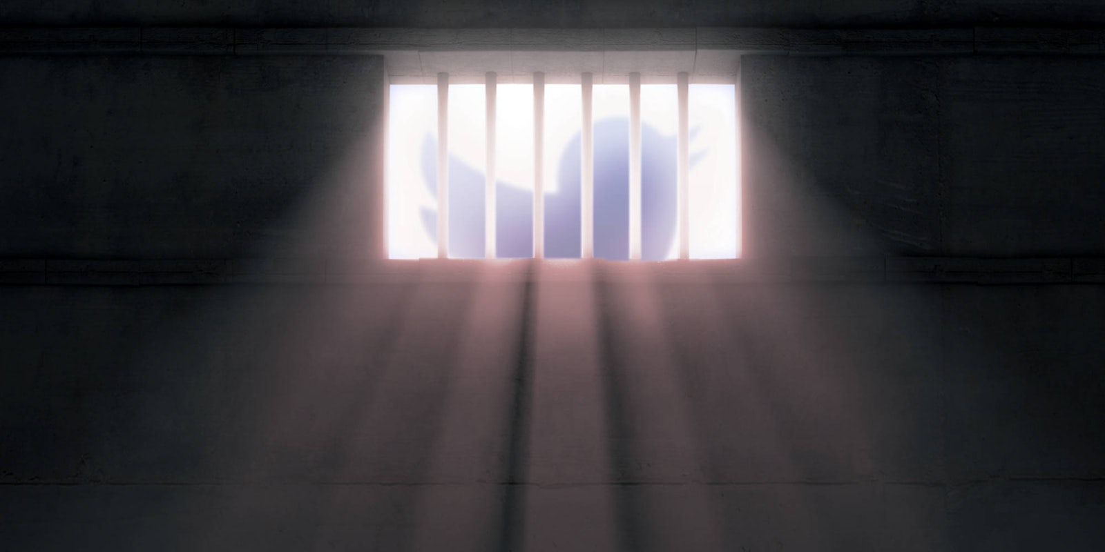 a camera view of inside a jail cell, with a twitter bird logo being shown through the bars