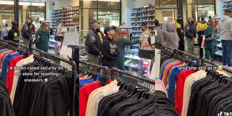 woman and security guards inside a shoe store