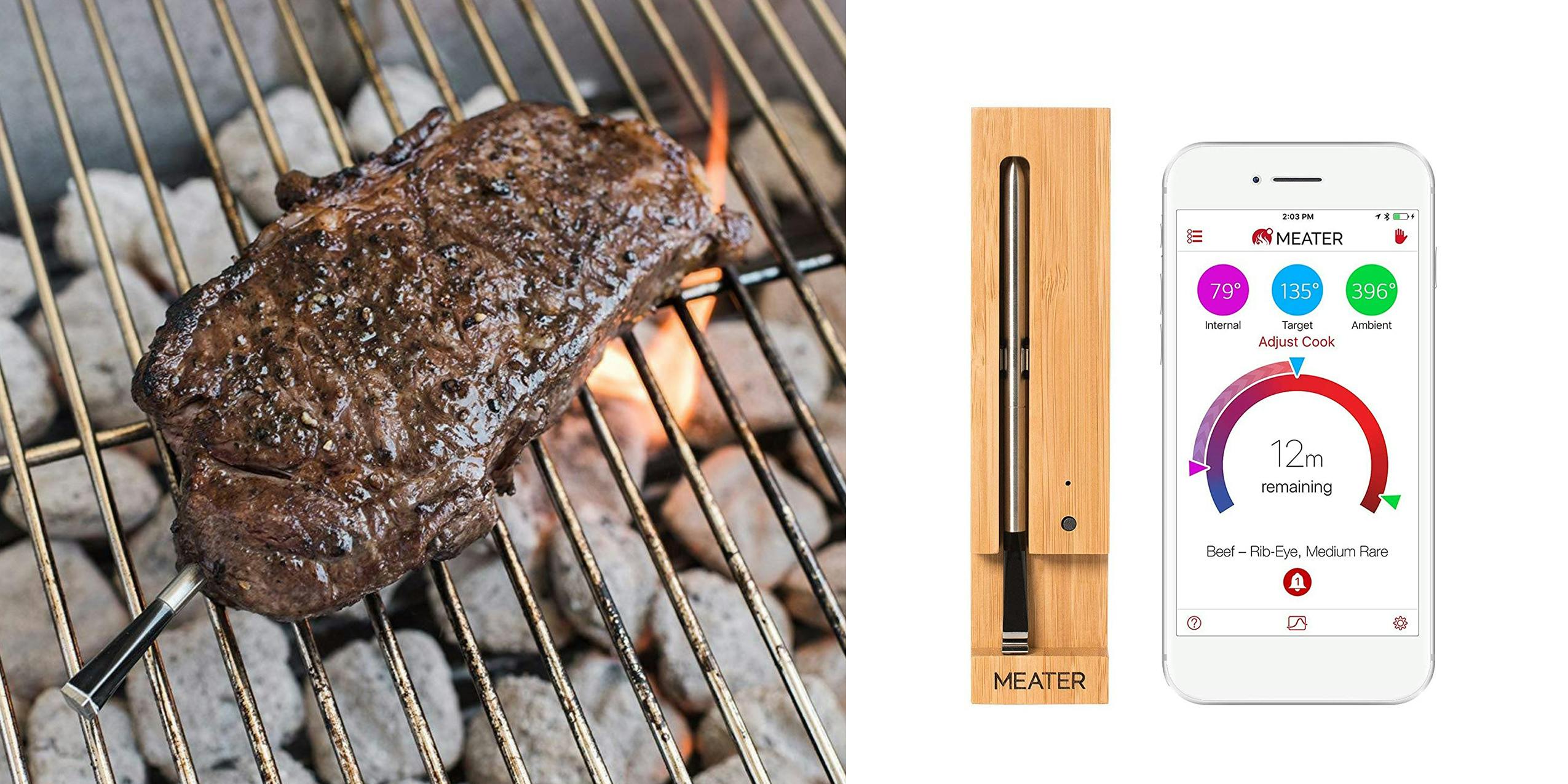 A steak cooking over coals with a MEATER meat thermometer inside it, along with the device's companion app.