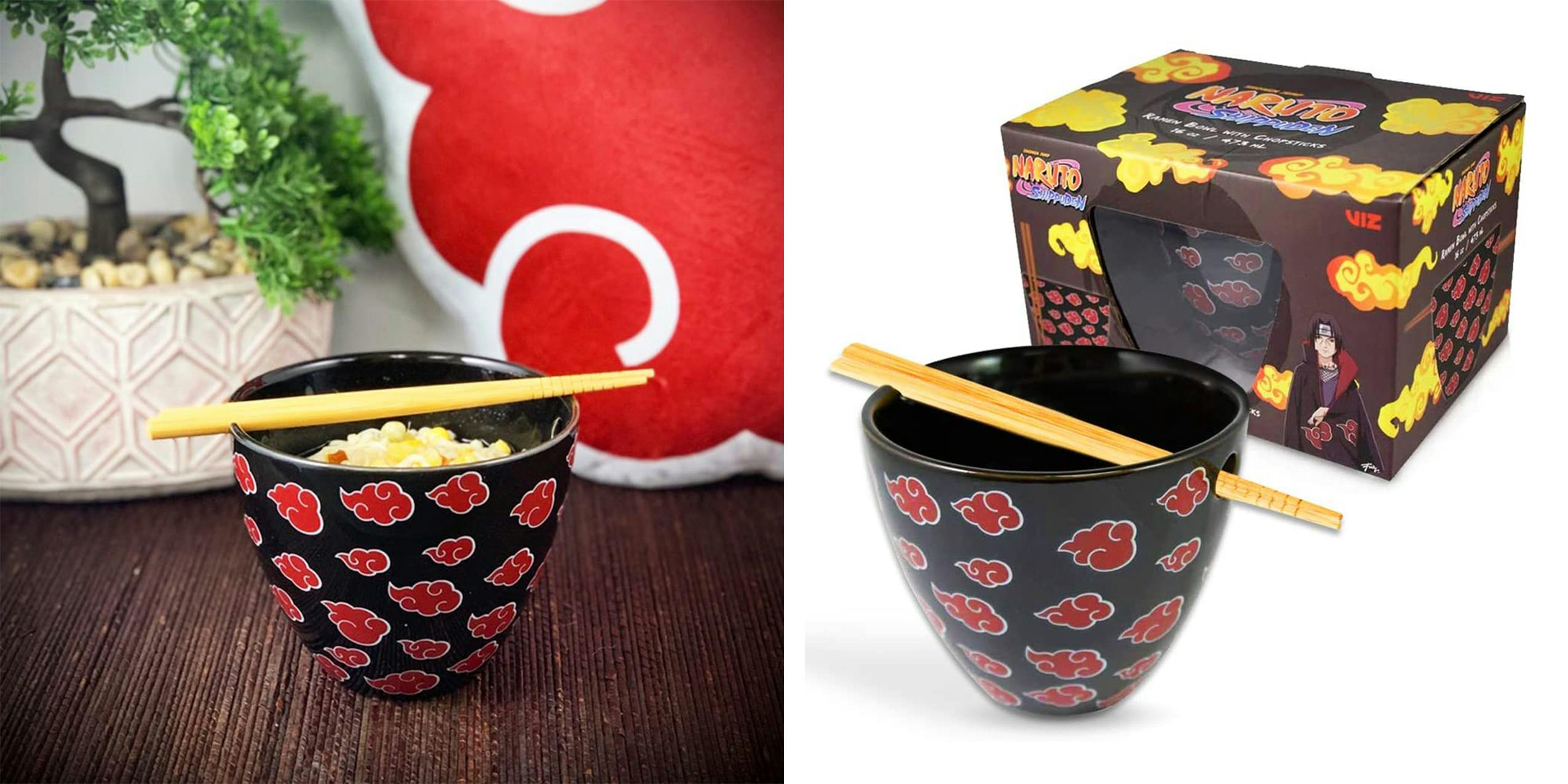 A Naruto Ramen bowl filled with rice on a desk along with the empty bowl and its box.