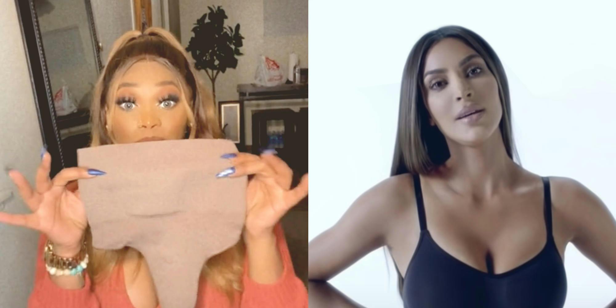 Photo of tiktoker jj_alexandria holding up a pair of Skims (l) Photo of Kim Kardashian (r)