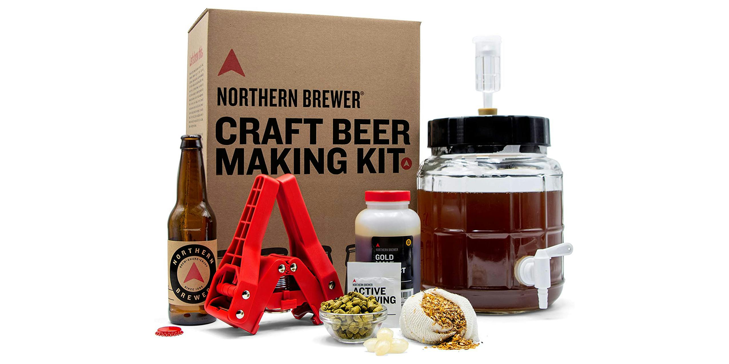 The contents of the Northern Brewer Beer Kit complete with bottler, brewing bucket, and ingredients for a batch of beer.