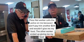 Pizza hut workers with caption "Pizza Hut worker calls the police on me because I won't pay him another $34 and wouldn't give me my food. The other worker ended up giving me my food"