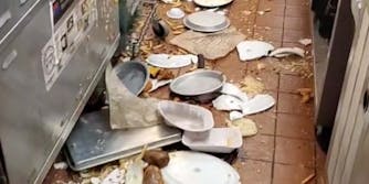 In a viral TikTok, plates are seen strewn all over the floor of a restaurant kitchen after a worker quits.
