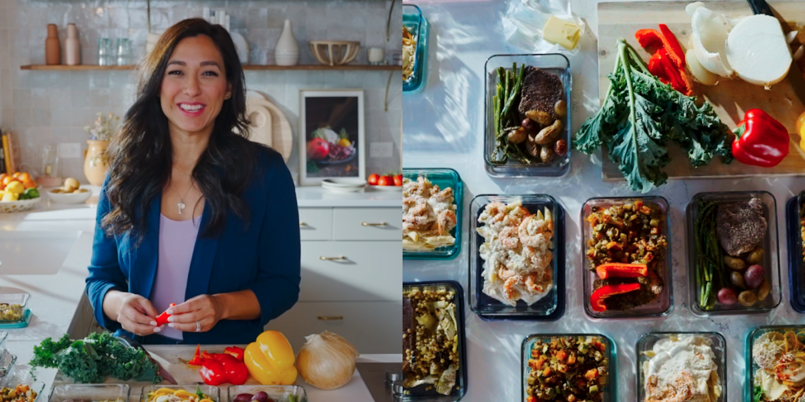 Woman in bright kitchen meal prepping multiple dishes