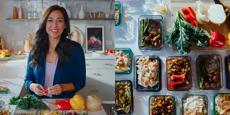 Woman in bright kitchen meal prepping multiple dishes