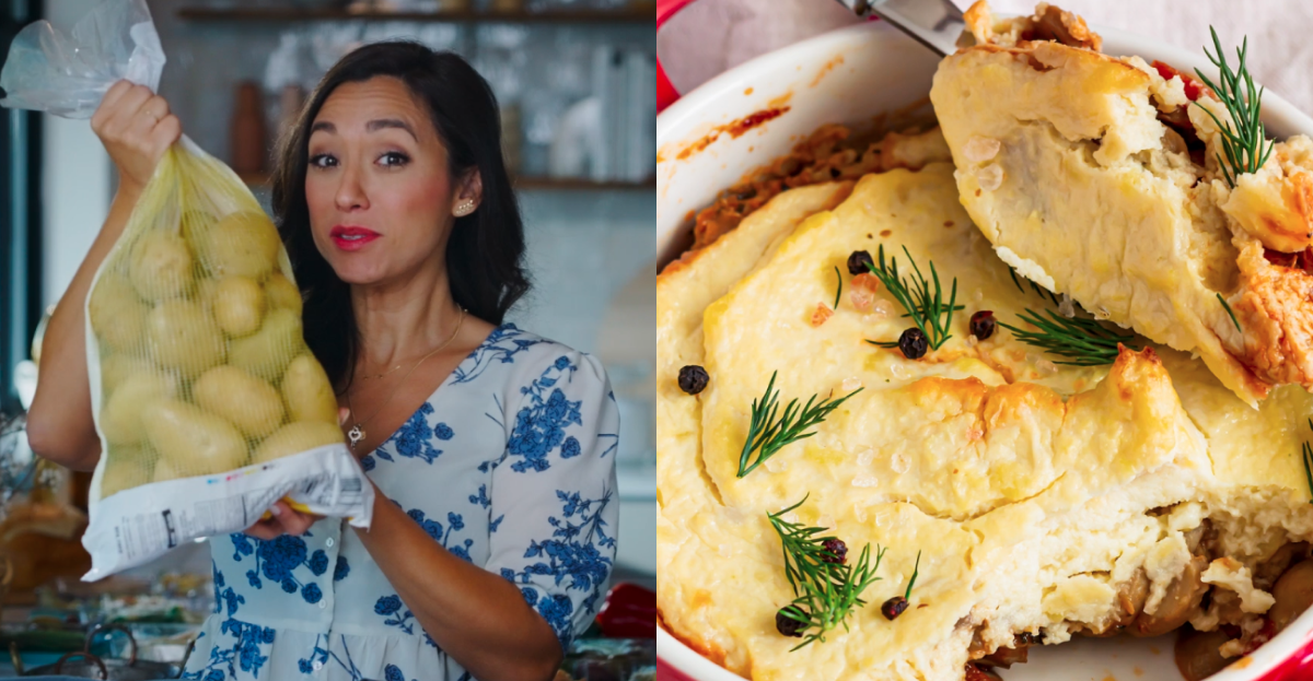 Split screen image of a Woman holding bag of potatoes and potatoes au gratin