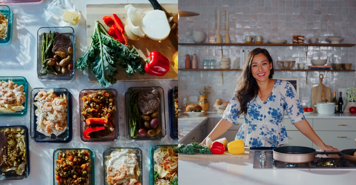 Meal prep food and picture of woman smiling in a contemporary kitchen