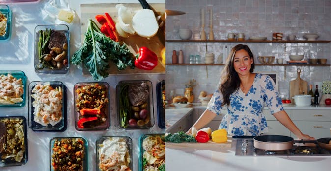 Meal prep food and picture of woman smiling in a contemporary kitchen