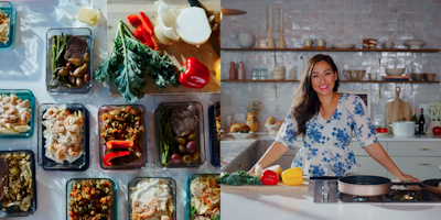 Meal prep food and picture of woman smiling in a contemporary kitchen