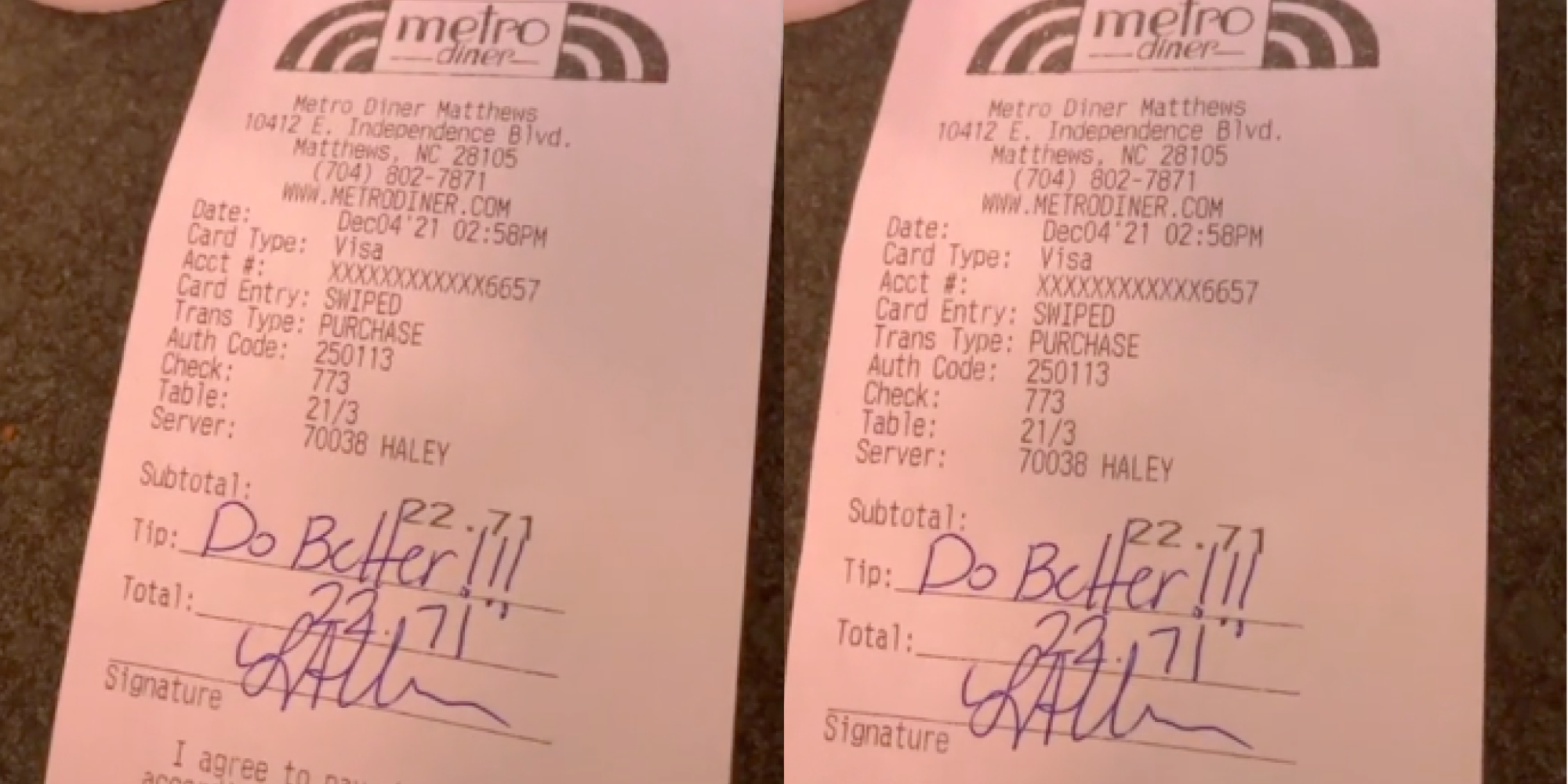 Restaurant check with 'do better' in the tip line