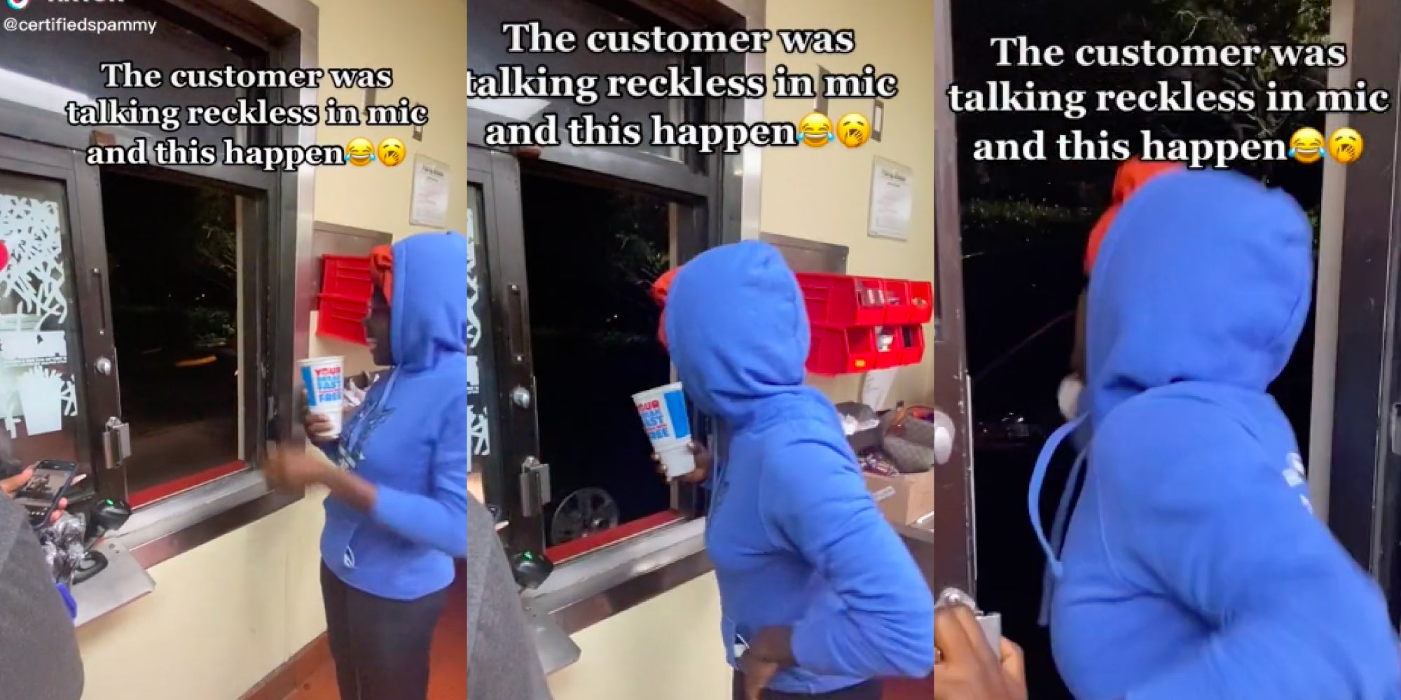 Woman throwing a drink through a drive-thru window