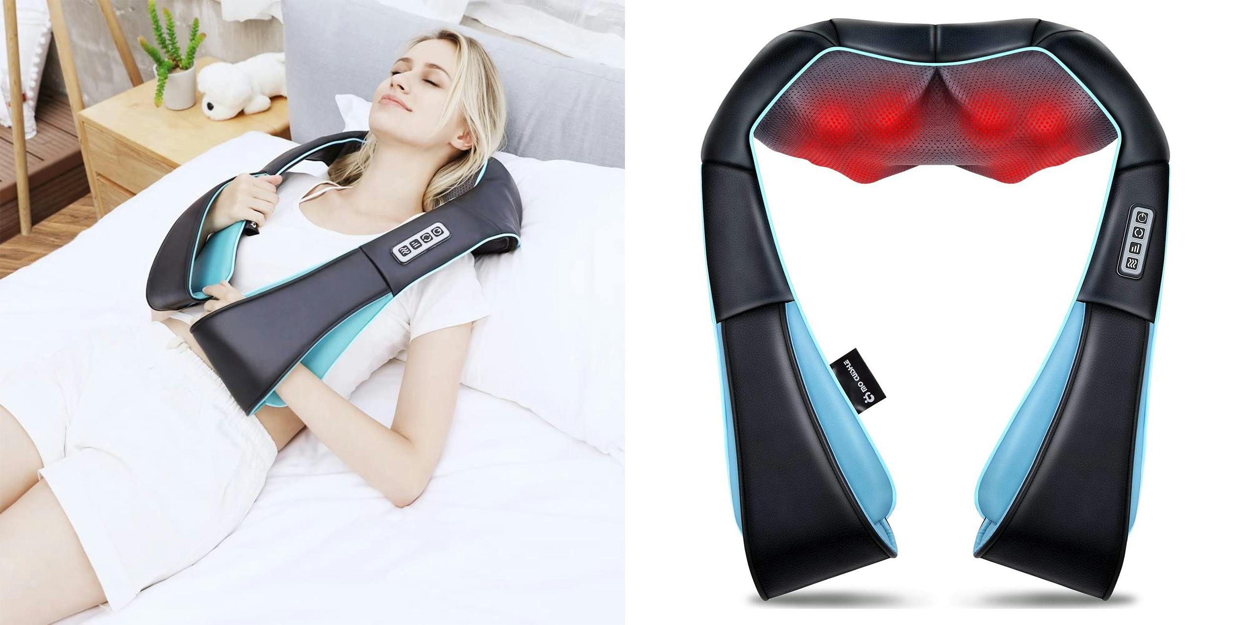 A woman wearing an electronic Shiatsu massager with a picture of its product.