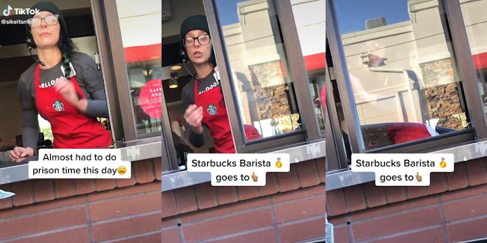 starbucks employee in drive thru with captions "Almost had to do prison time this day" and "Starbucks Barista gold medal goes to"