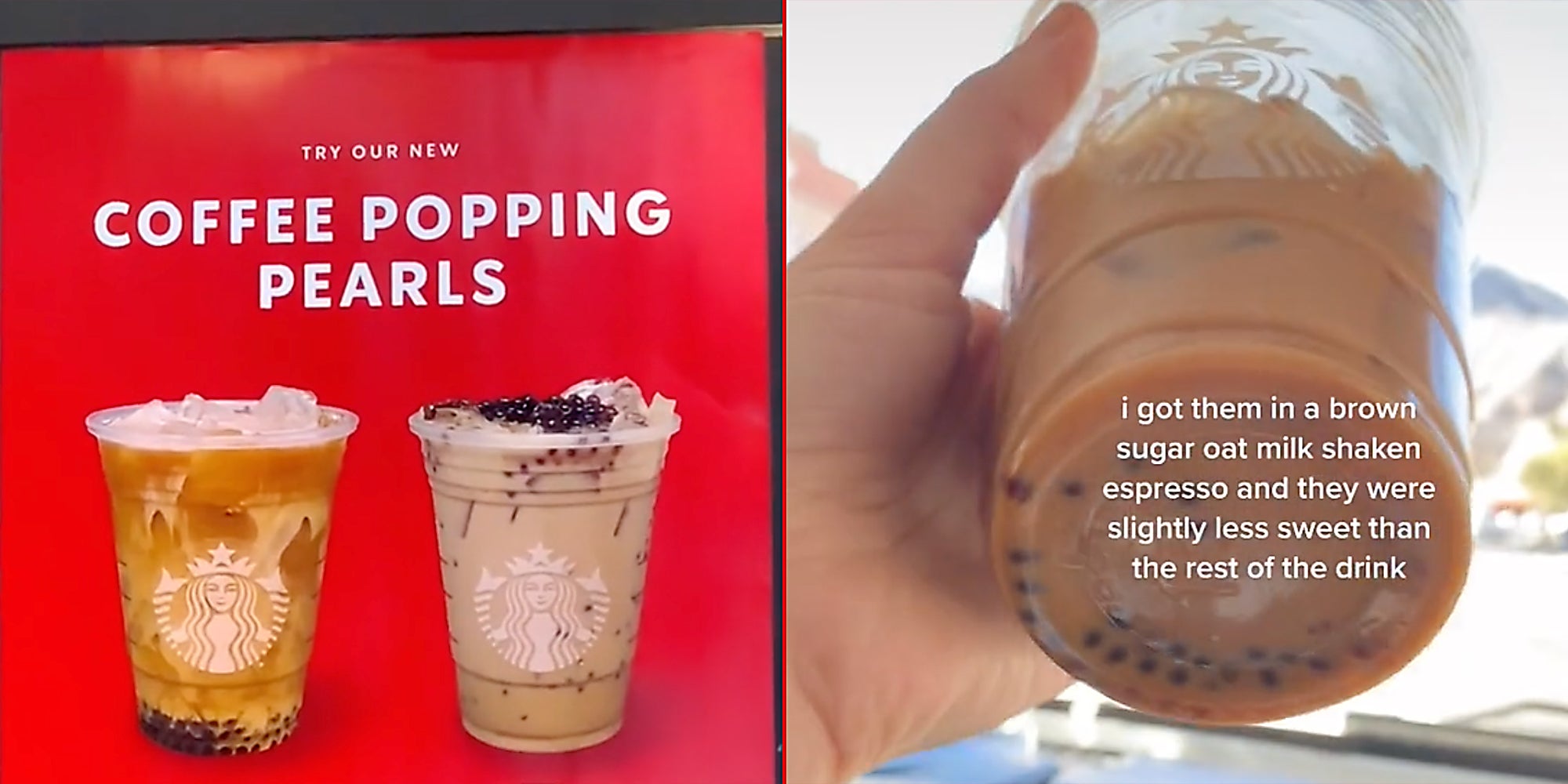 A Starbucks sign (L) and a Starbucks drink (R).