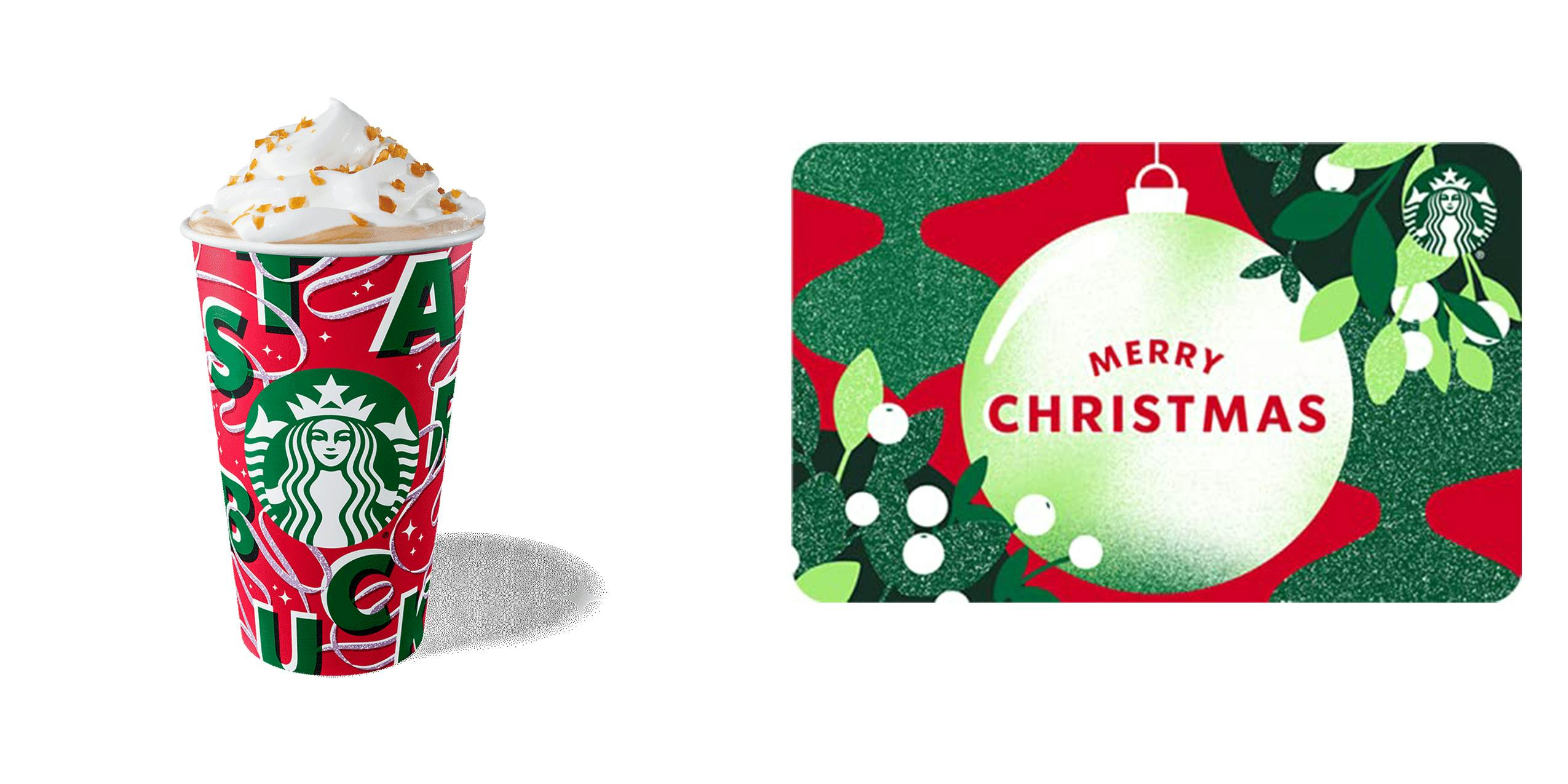 A Starbucks gift card along with a selection of what you can purchase with it.