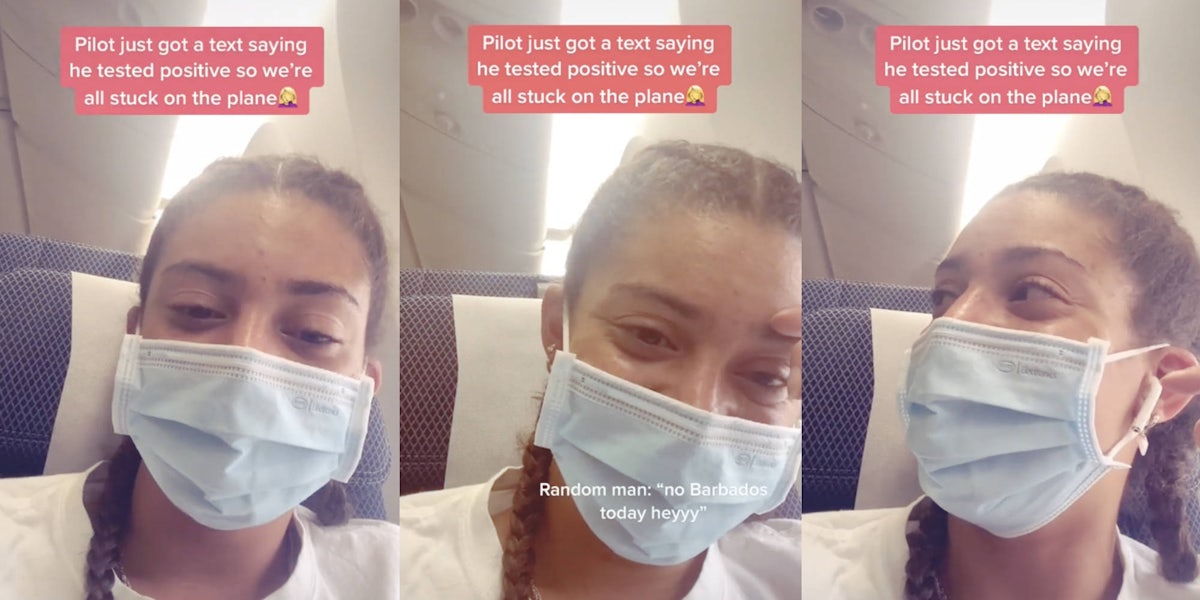 three photos of a woman on an airplane, looking at the camera with a wry smile, hanging her head