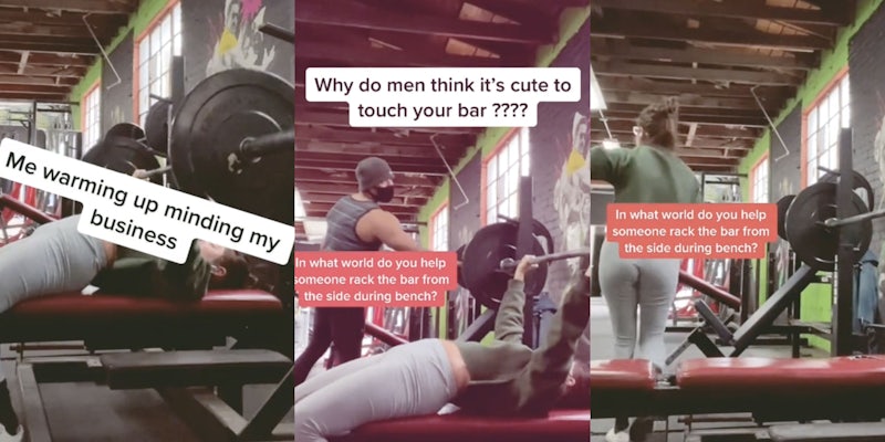 woman warming up at gym (l) man prodding her weights while she's busy lifting them (m) woman getting off rack and yelling at man (r)