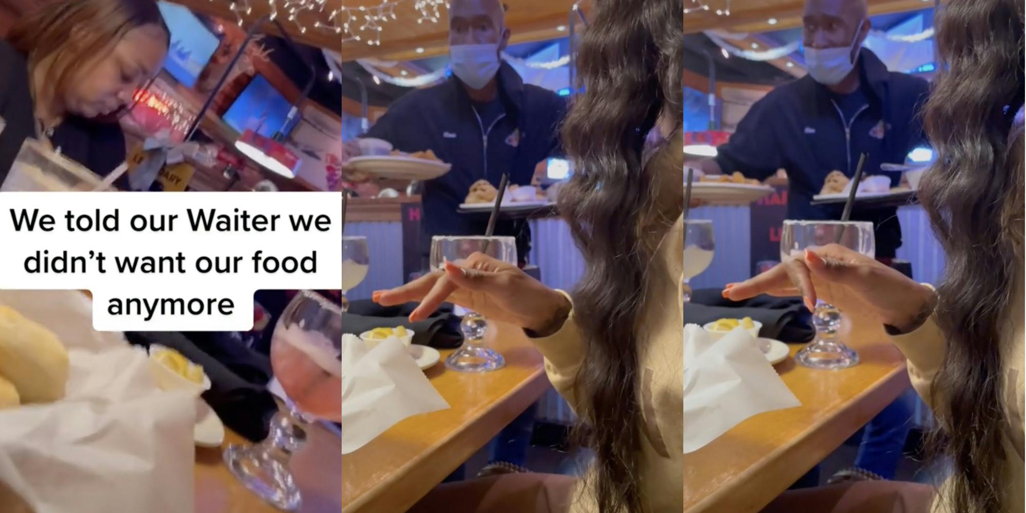 family at a diner (l) woman talking to the waiter (m) waiter reacting with a flabbergasted expression (r)