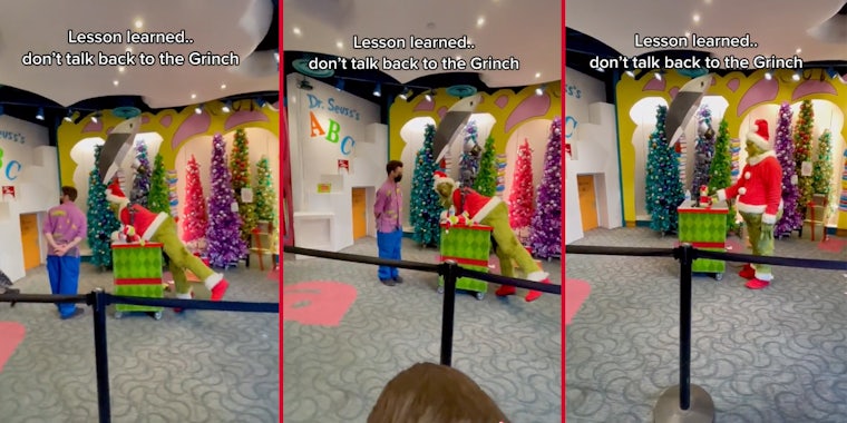 TikTok shows man in Grinch costume threatening to send family to back of line.