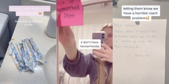 photo of a dirty sink and tampons (l) photo of woman putting up a post-it to go buy hemorrhoid cream (m) (r) photo of a note that says the apartment has a roach infestation