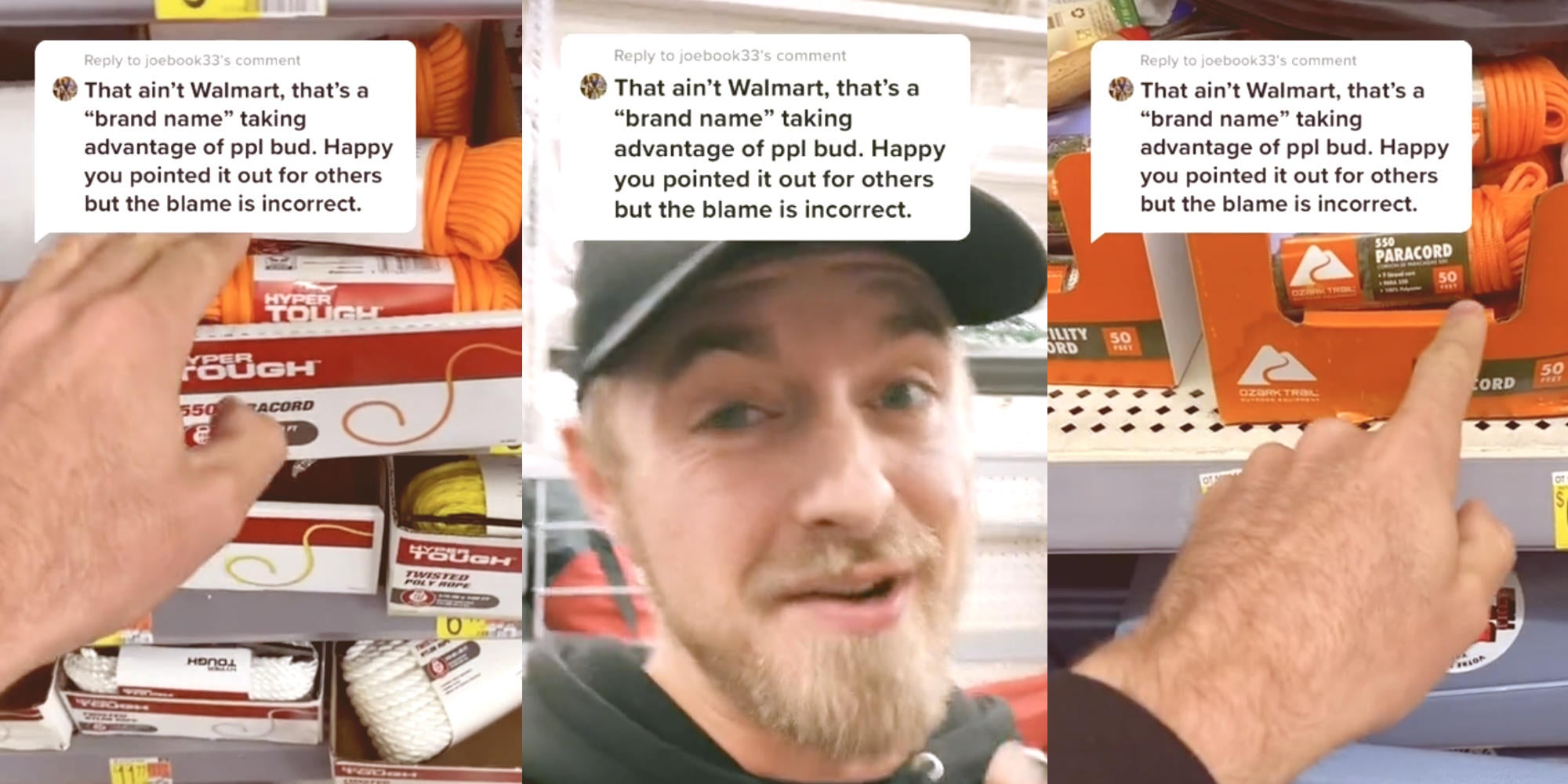 photo of a man pointing at a product (l) photo of a man looking at the camera (m) photo of a man pointing at a different product (r)