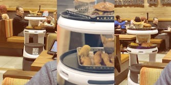 自动服务机器人的三张照片在餐馆地板上