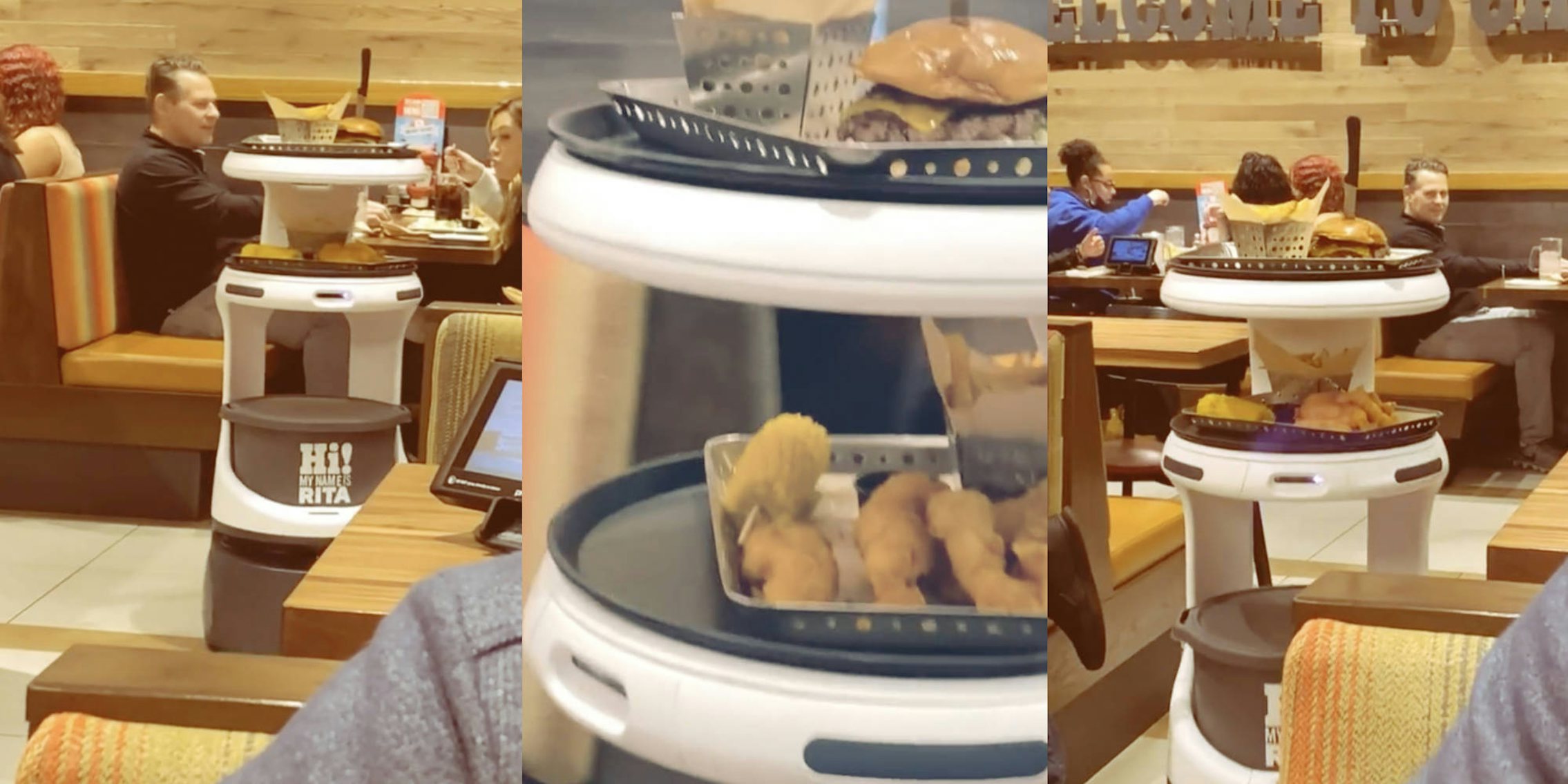 three photos of an automatic serving robot making its way across a restaurant floor