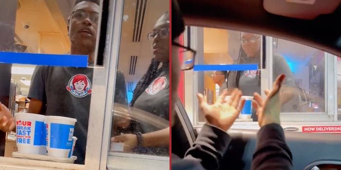 Fast food workers at a drive thru.