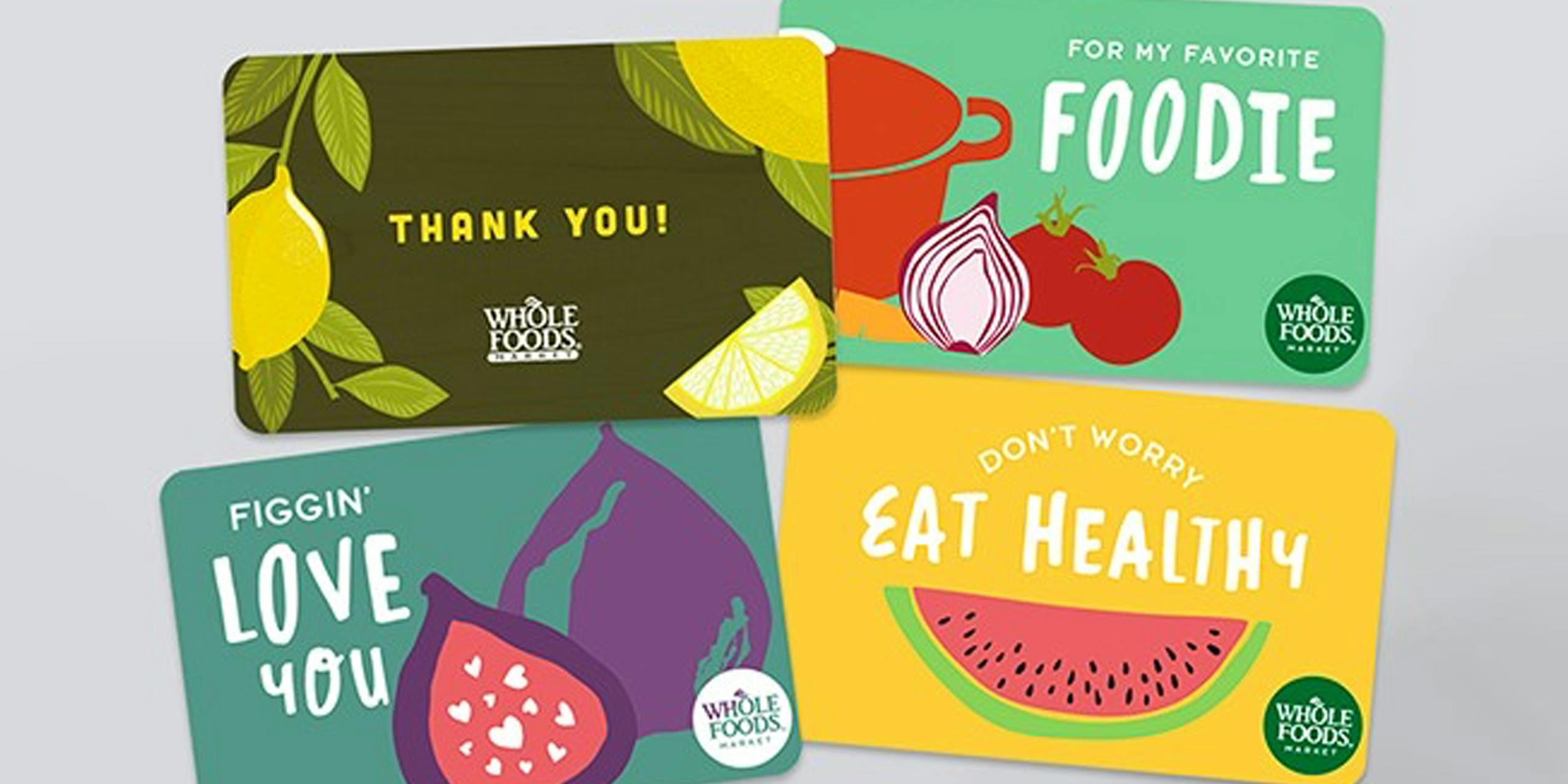 A selection of Whole Foods gift cards.