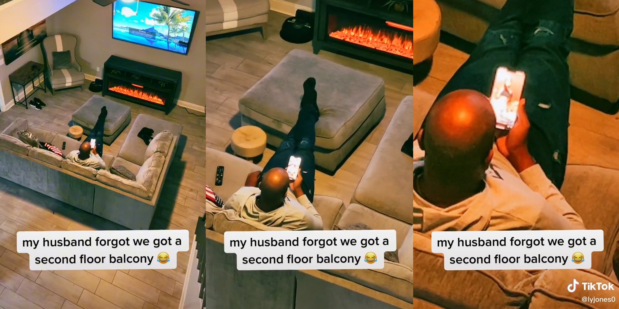 man scrolling on phone in living room with caption 'my husband forgot we got a second floor balcony'
