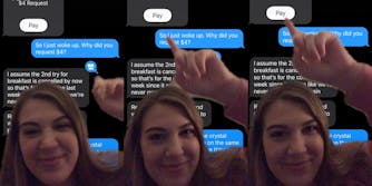 Woman in front of iMessage screenshots