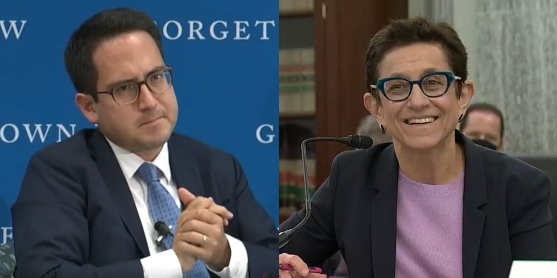A side by side of FTC Nominee Alvaro Bedoya and FCC Nominee Gigi Sohn.